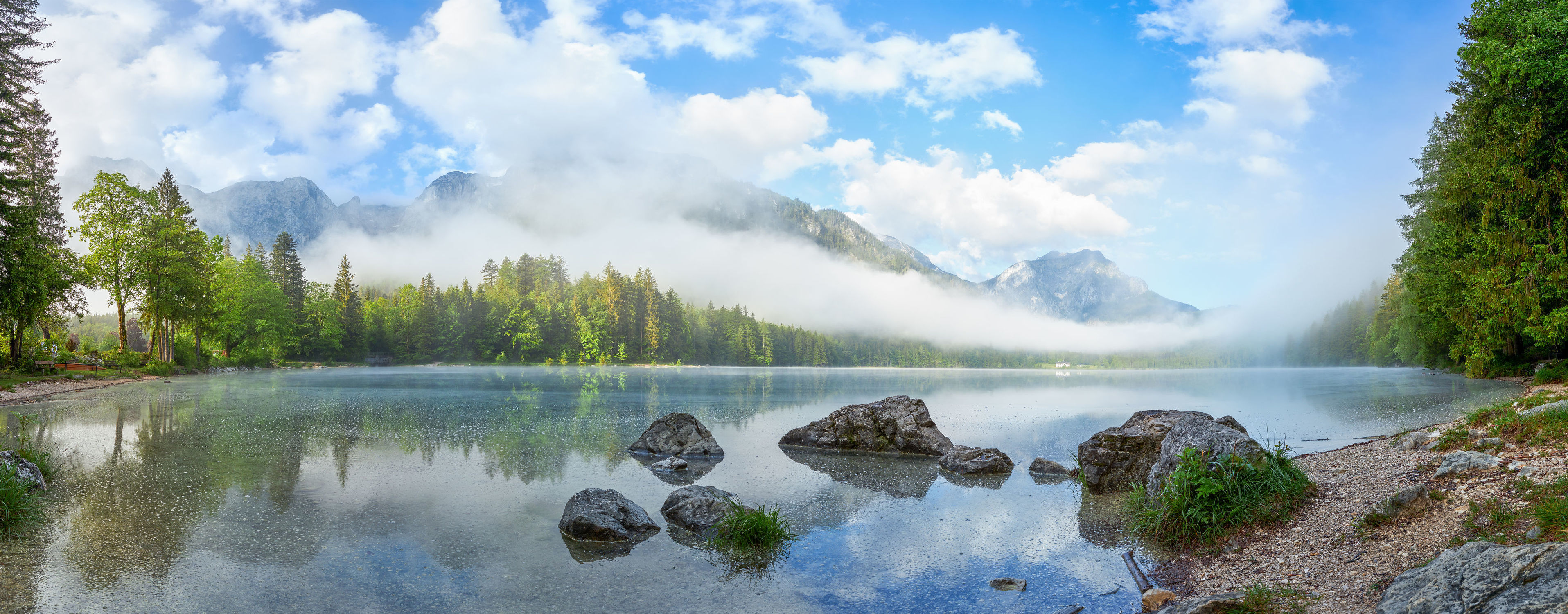 Bild mit Natur, Wasser, Berge, Wolken, Nebel, Österreich, Panorama, See, Langbathsee, Salzkammergut, Oberösterreich, Gebirgssee