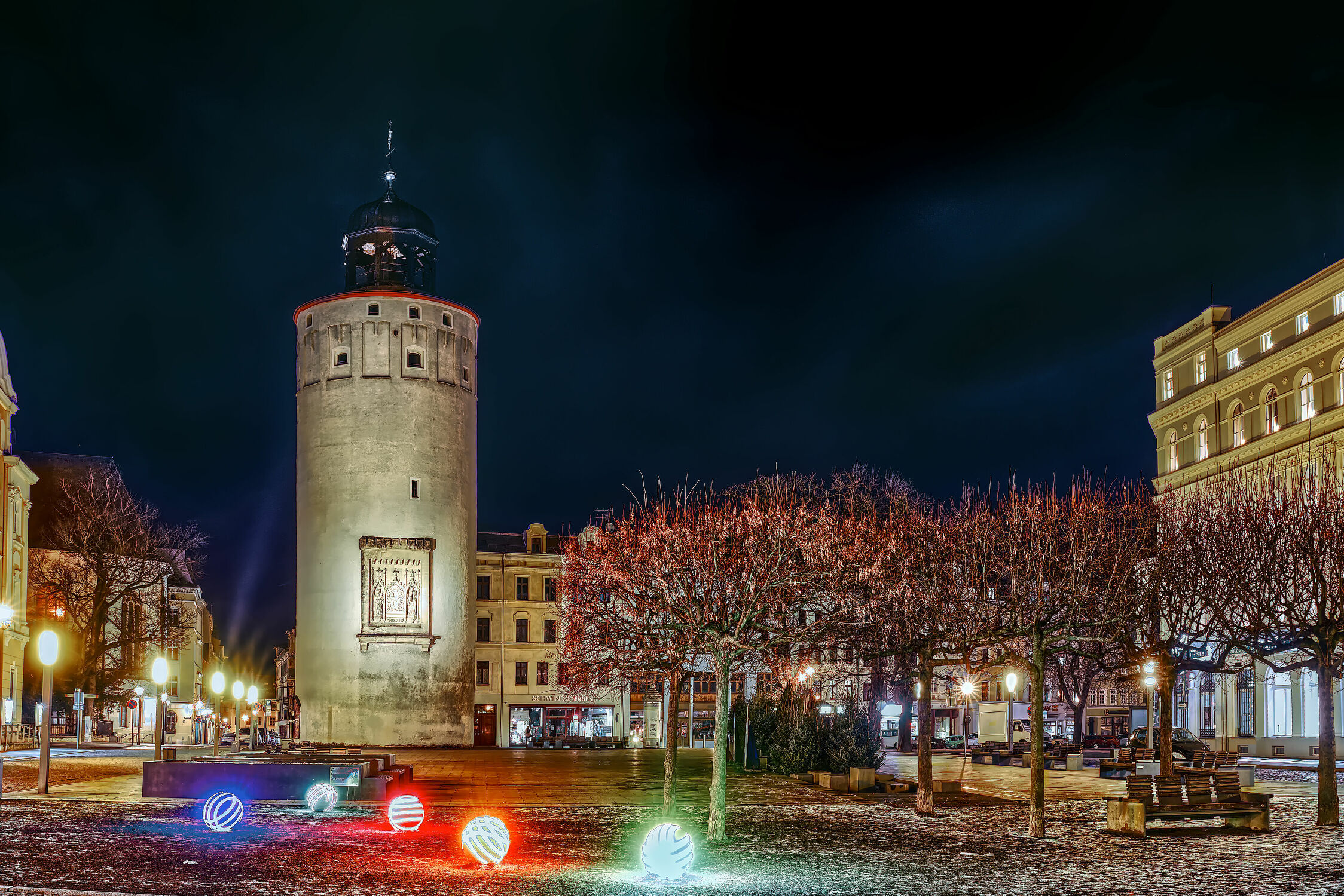 Bild mit Görlitz, Oberlausitz, Langzeitbelichtung, Nacht, Dicker Turm, Frauenturm, Sachsen, Innenstadt, Marienplatz