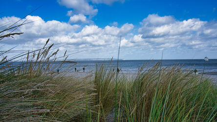 Bild mit Strand, Sandstrand, Ostsee, Meer, Wolkenhimmel, Insel, Gras, Wind, Strandurlaub