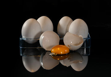 Bild mit Küchenbild, Spiegelung, Eier, Schwazer Hintergrund, Eigelb, Zerbrochenes Ei