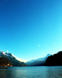 Bild mit Landschaften, Berge, Schnee, See, Brunnen, Schweiz, sonnig, Schwyz, Vierwaldstättersee