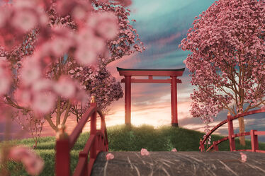 Bild mit Natur, Sonnenuntergang, Kirschbäume, Abendrot, Brücke, Religion, JAPAN, spiritualität, Schrein, Shinto