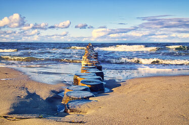 Bild mit Horizont, Wellen, Sonnenuntergang, Strand, Ostsee, Meer, Landschaft, romantik, Küste, Buhne