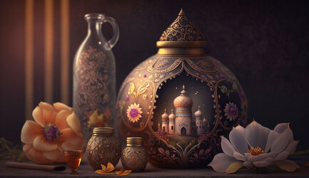 Bild mit Blumen, Stillleben, Indien, Dekoration, exotisch, ASIATISCH, vase, Palast, miniatur, Arrangement