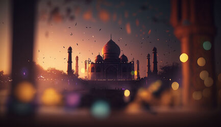 Bild mit Architektur, Sehenswürdigkeit, Schönheit, Indien, Abenddämmerung, Kultur, farbenprächtig, beeindruckend, Erbe, Taj Mahal
