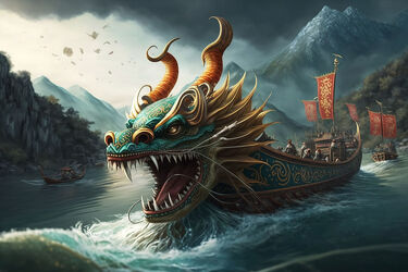 Bild mit Berge, Landschaft, sturm, gefährlich, china, Fahrt, Ausdauer, Drachenkopf, Chinesisches Drachenboot, Entschlossenheit
