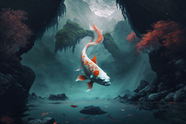 Einsamer Koi im Mystischer Unterwasserwelt