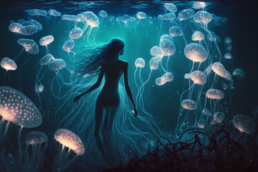 Meerjungfrau mit leuchtenden Quallen