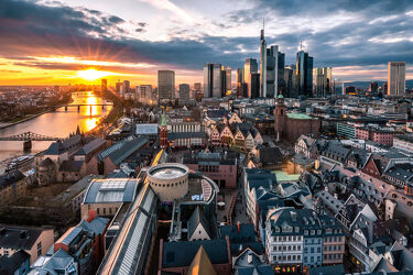 Bild mit Sonnenuntergang, Panorama, Landschaft, Stadt, Altstadt, urban, Skyline, Fluss, frankfurt, finanzmetropole
