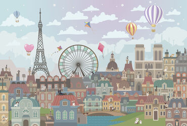 Bild mit Wolken, Häuser, Katzen, Wolkenhimmel, Ballonfahrt, Paris, alte Häuser, luftballon, Katzenliebhaber, Heißluftballon