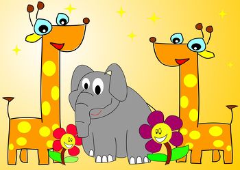 Bild mit Zeichnung, Illustration, Kinderbild, Kinderbilder, Kinderzimmer, Giraffe, Kinder, Elefant, Elephant