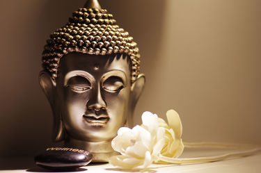 Buddha Kopf mit weiÃ?en Rosen