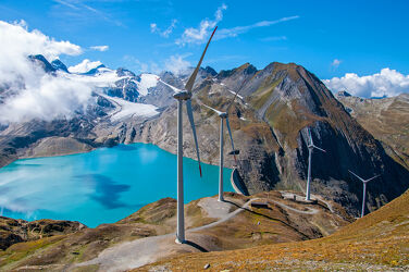 Bild mit Gletscher, Stauseen, Alpen, Bergsee, Windpark, Staudamm