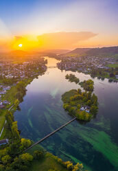 Bild mit Natur, Wasser, Sonnenuntergang, Brücken, Panorama, Insel, Rhein, Drohnen